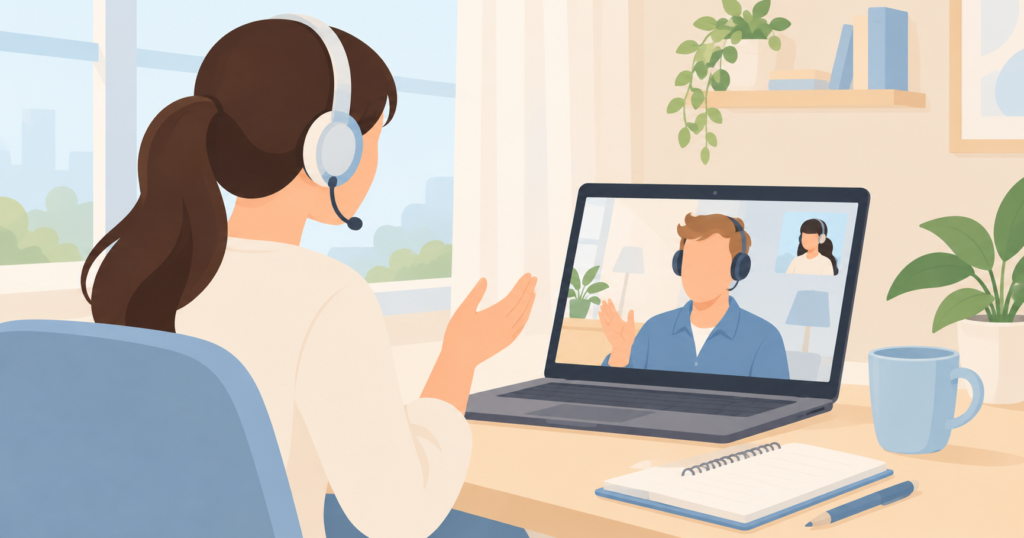 ヘッドセットを付けてノートパソコンでオンライン英会話レッスンを受けている人のイラスト